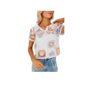 Gilli Short Sleeve Button Front Crochet Top Bohemian Relax Fit. Size:S/M.